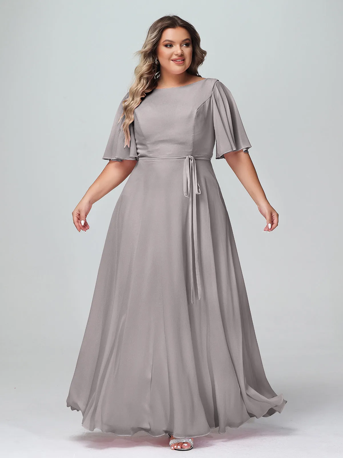 Flutter Sleeves Chiffon Max Dresses with Sash Bow-Silver Plus Size