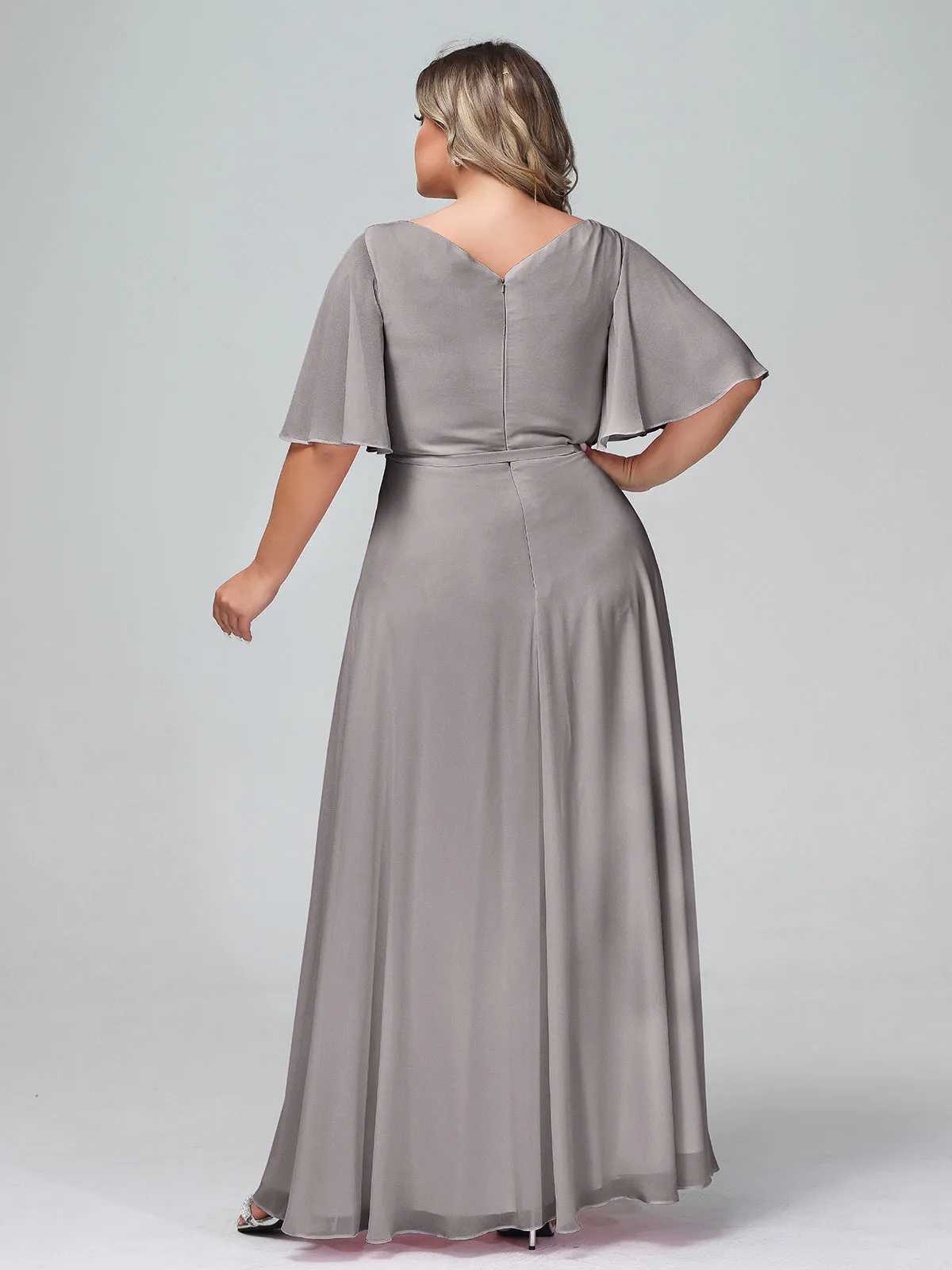 Flutter Sleeves Chiffon Max Dresses with Sash Bow-Silver Plus Size