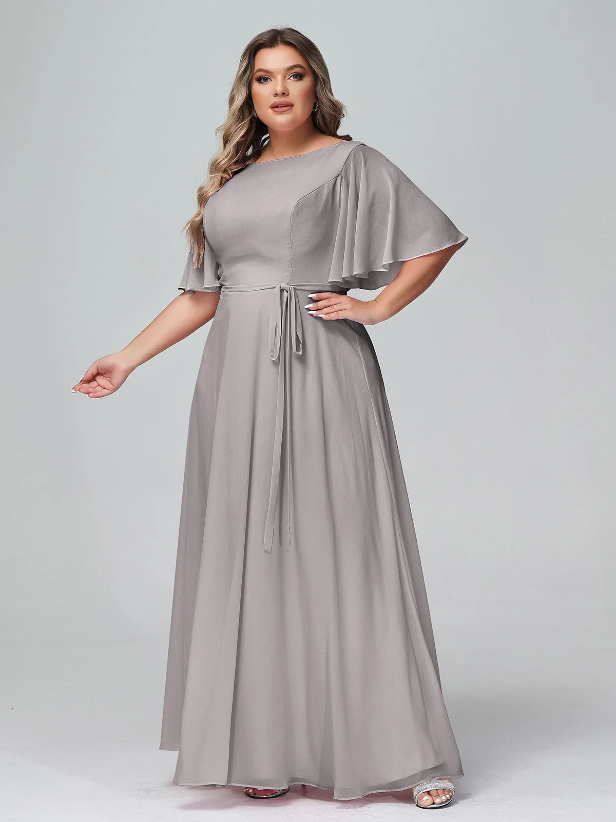 Flutter Sleeves Chiffon Max Dresses with Sash Bow-Silver Plus Size