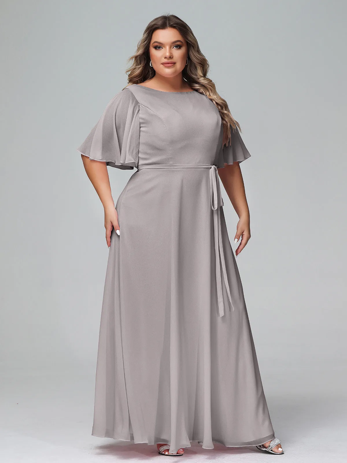 Flutter Sleeves Chiffon Max Dresses with Sash Bow-Silver Plus Size