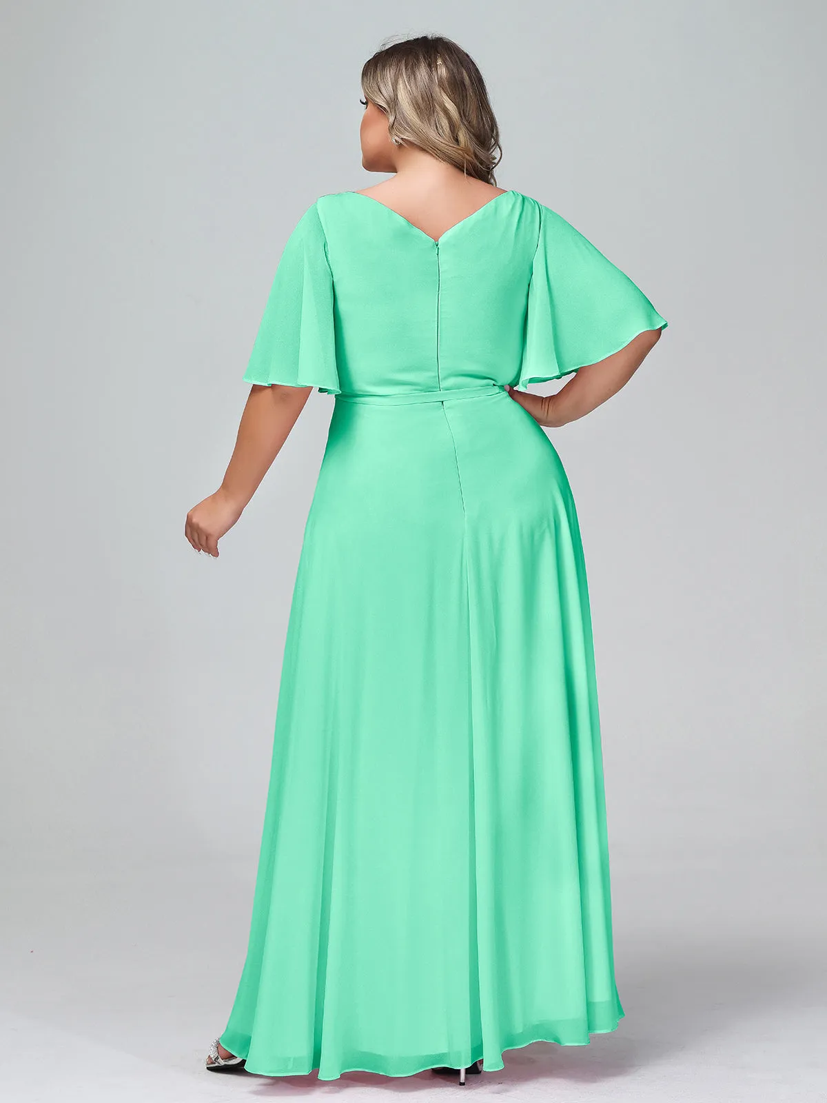 Flutter Sleeves Chiffon Max Dresses with Sash Bow-Turquoise Plus Size