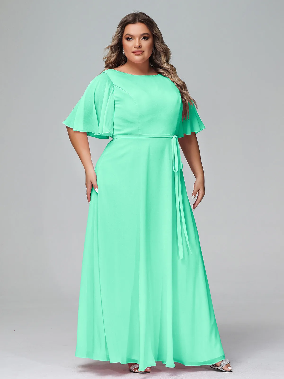 Flutter Sleeves Chiffon Max Dresses with Sash Bow-Turquoise Plus Size