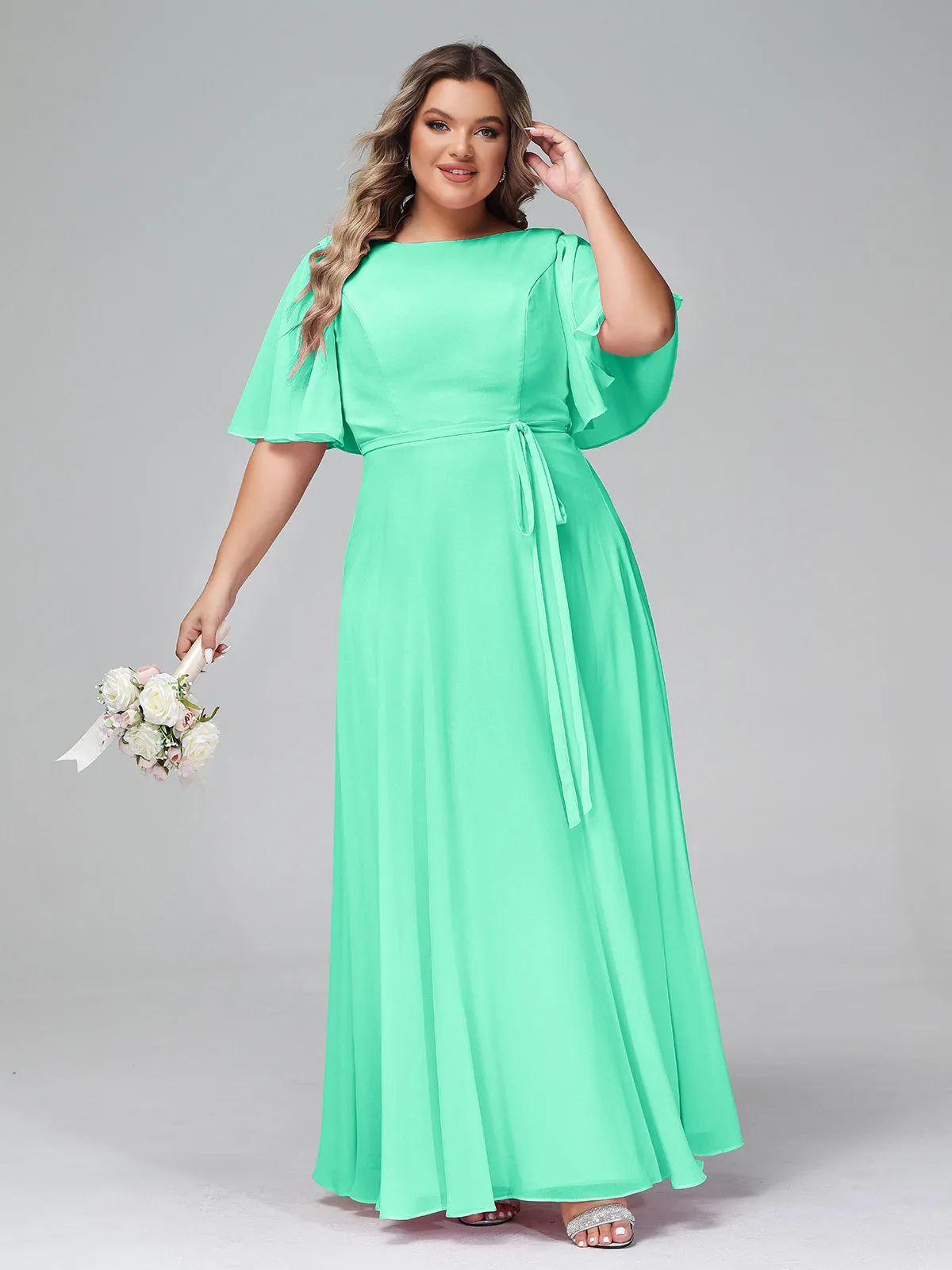 Flutter Sleeves Chiffon Max Dresses with Sash Bow-Turquoise Plus Size