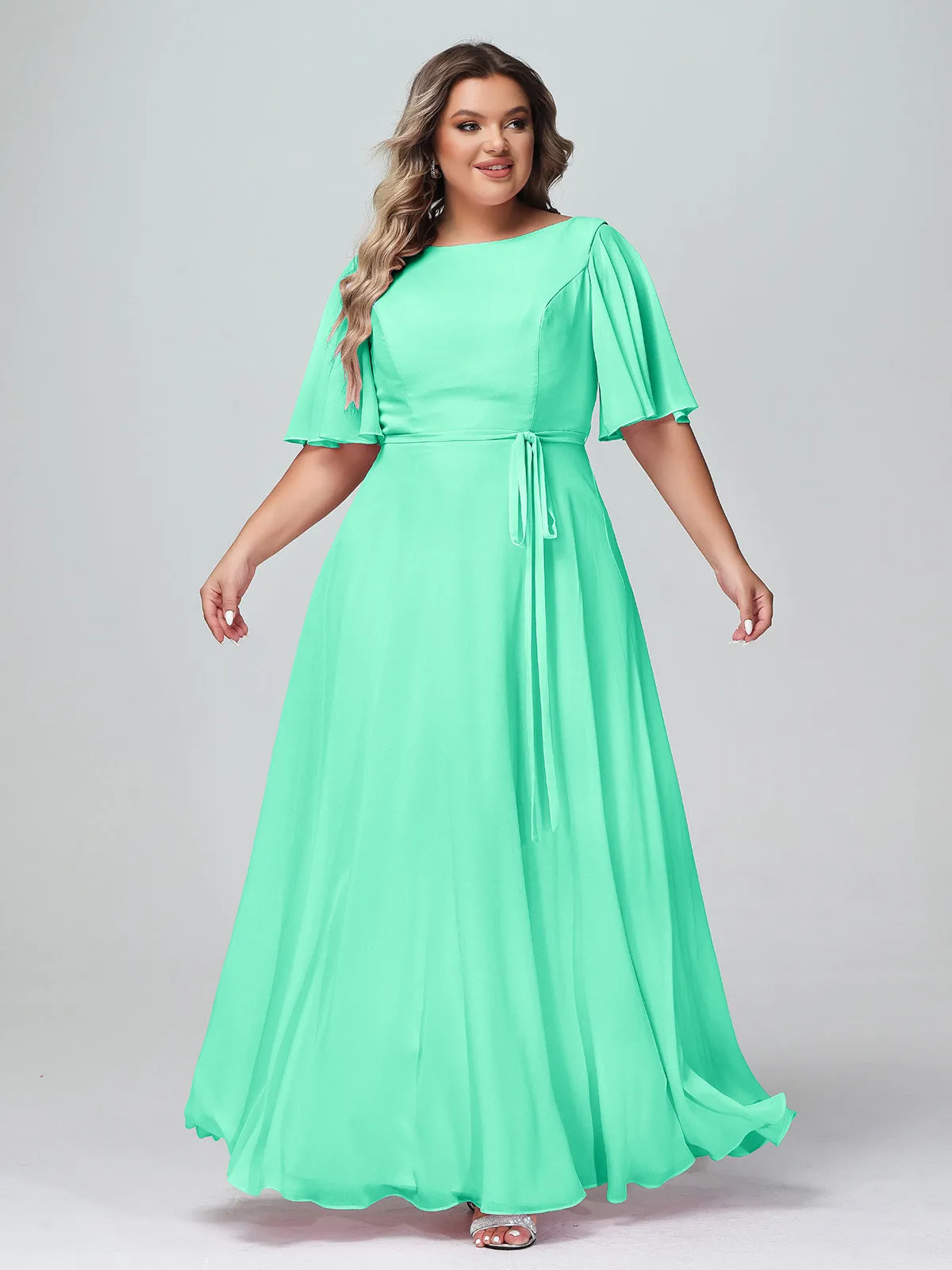 Flutter Sleeves Chiffon Max Dresses with Sash Bow-Turquoise Plus Size