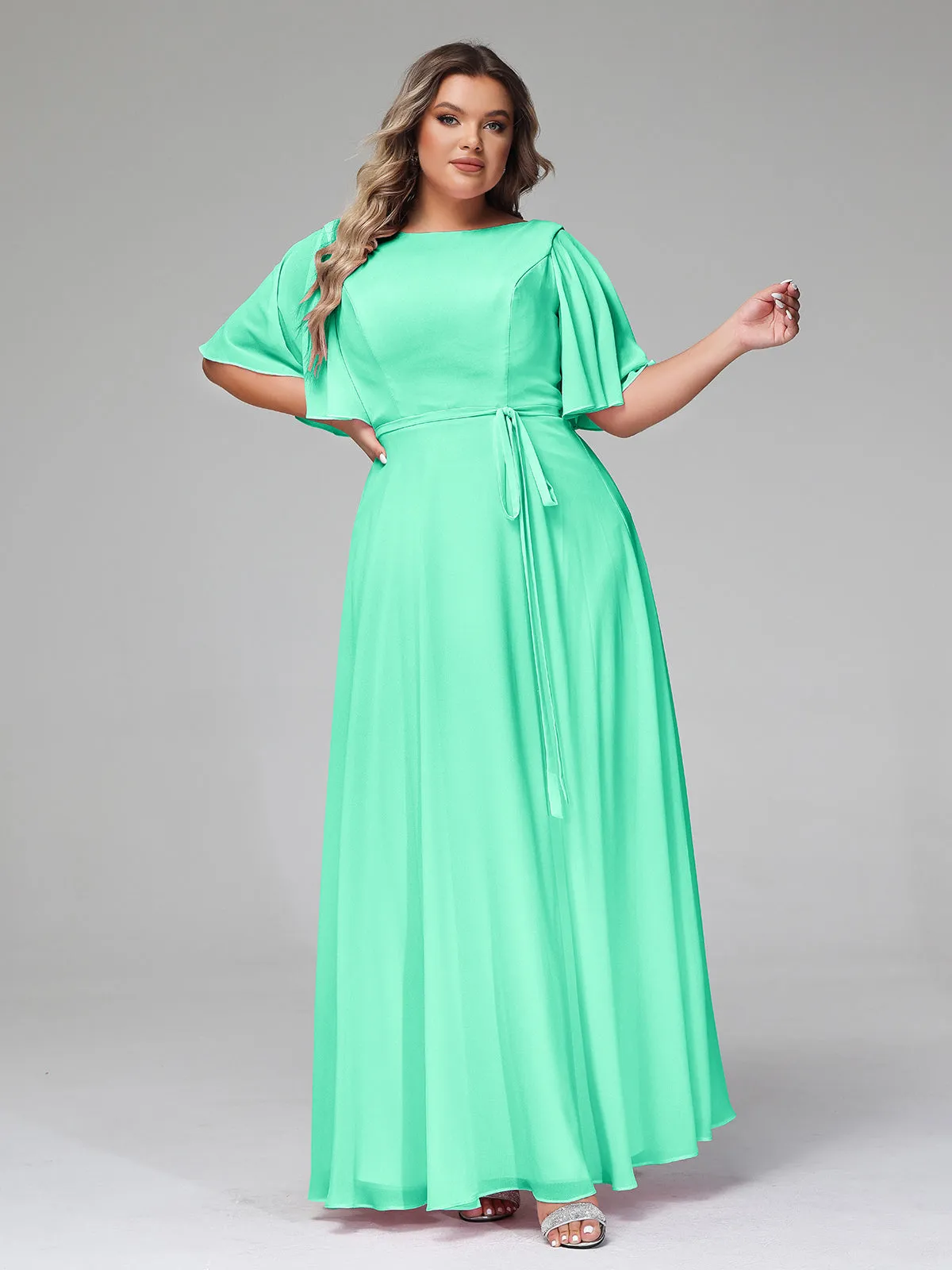 Flutter Sleeves Chiffon Max Dresses with Sash Bow-Turquoise Plus Size