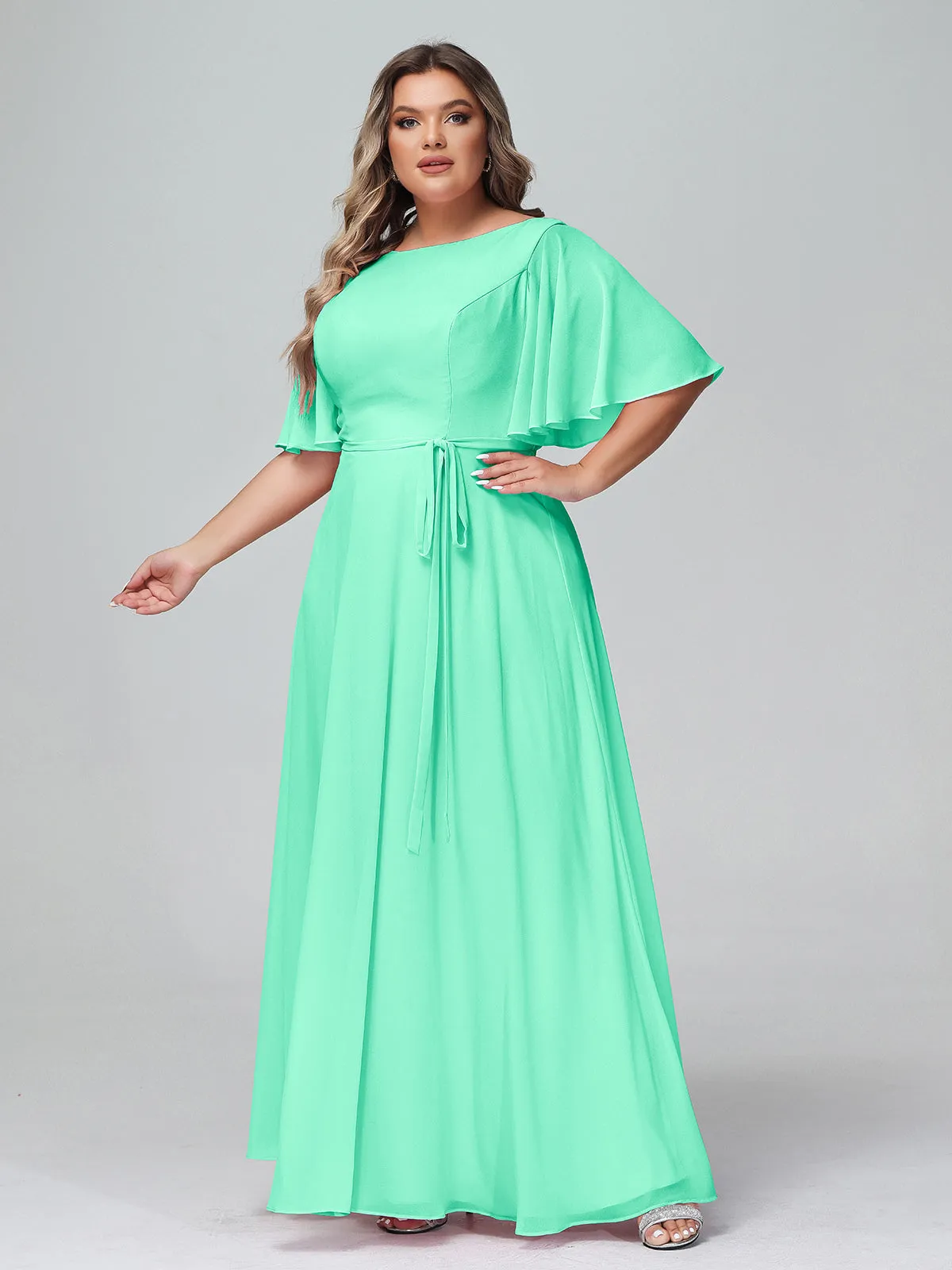 Flutter Sleeves Chiffon Max Dresses with Sash Bow-Turquoise Plus Size