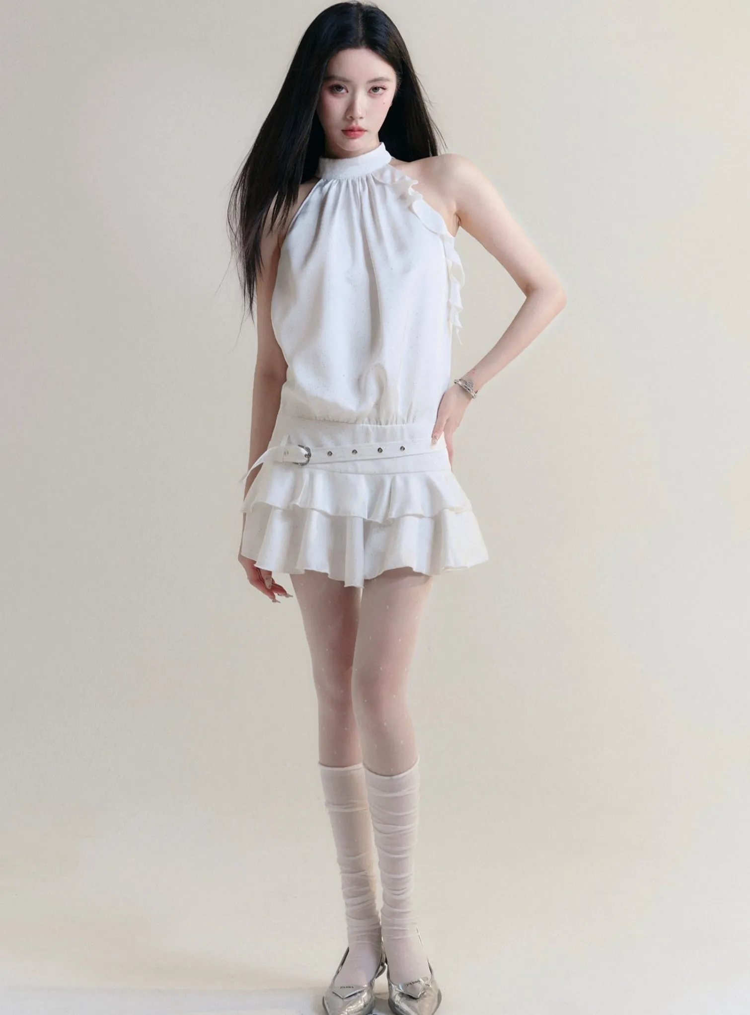 Fragile Heart White Halter Neck Ruffle Mini Dress with Belted Waist