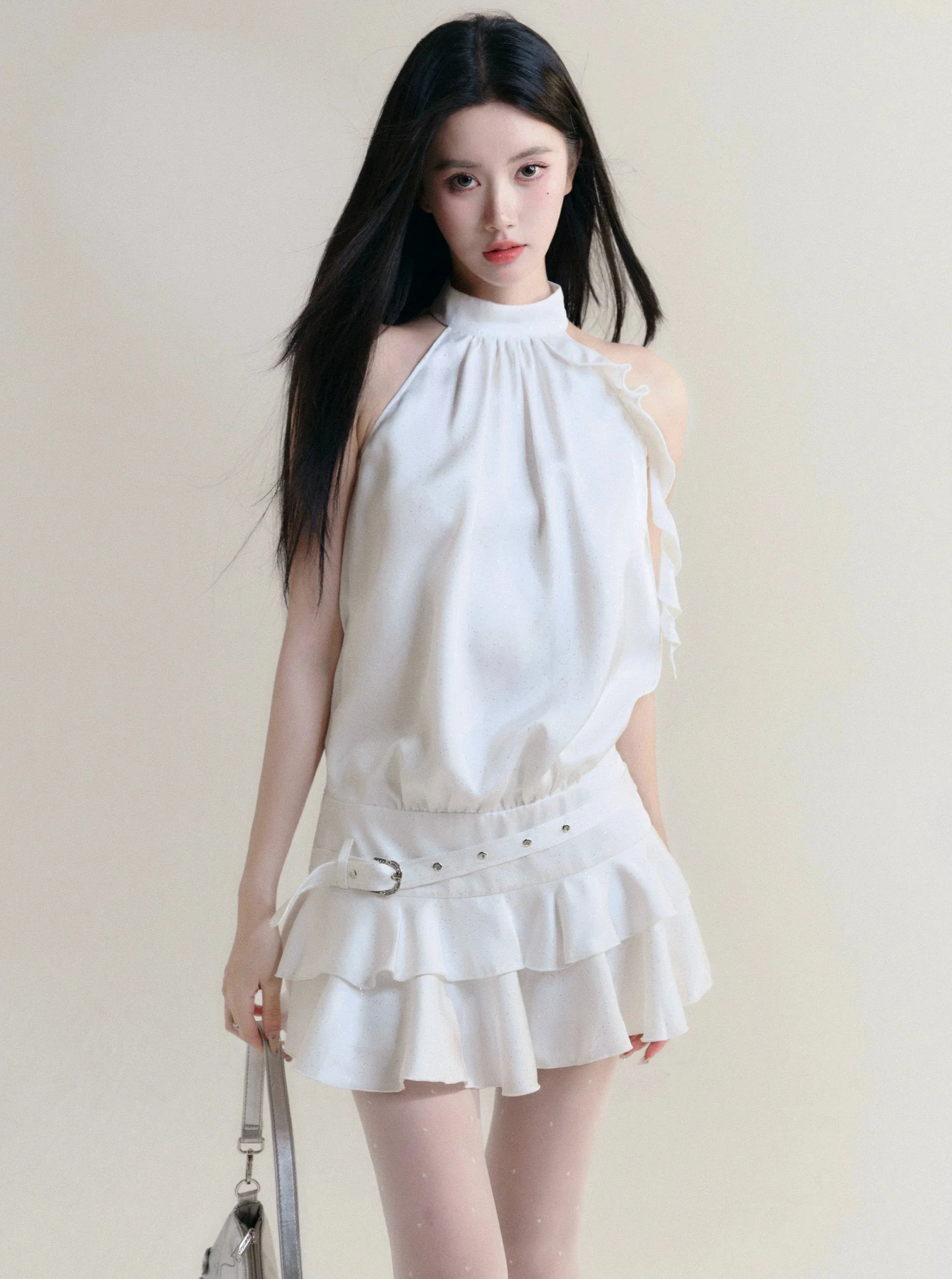 Fragile Heart White Halter Neck Ruffle Mini Dress with Belted Waist