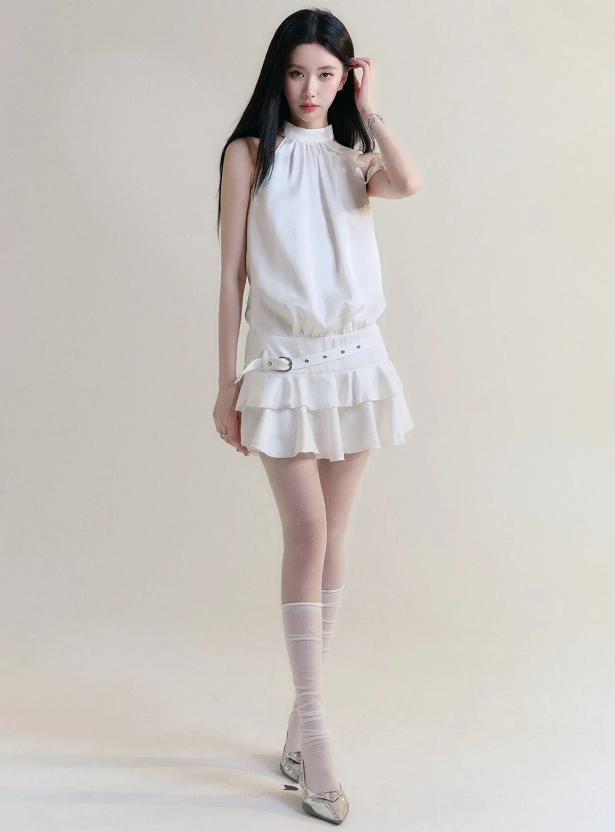 Fragile Heart White Halter Neck Ruffle Mini Dress with Belted Waist