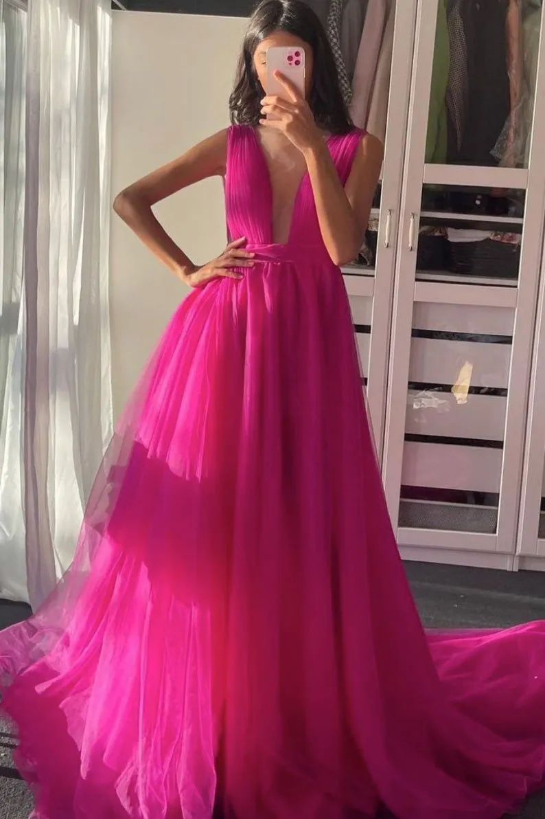 Fuchsia v neck tulle long prom dress,Women Gala Dresses,Formal Dresses