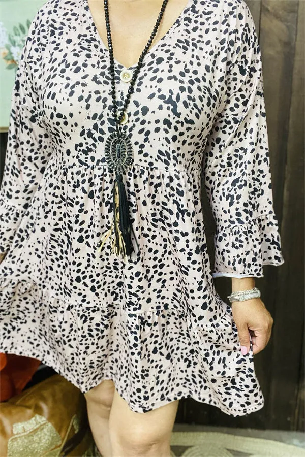 GJQ15312 Leopard printed 3/4 sleeve w/ruffle V-neckline w/side pockets women dresses