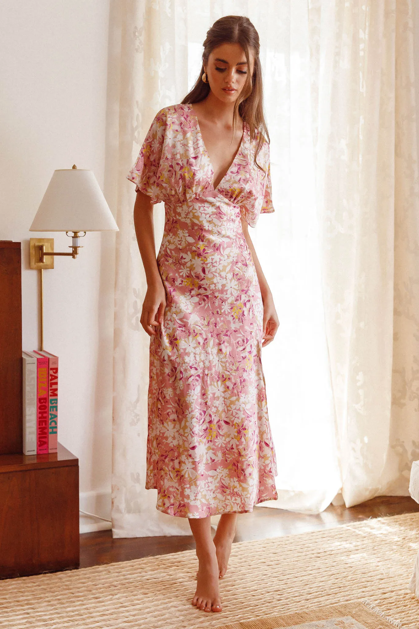 Graceful Batwing Sleeve Midi Dress Floral Pink