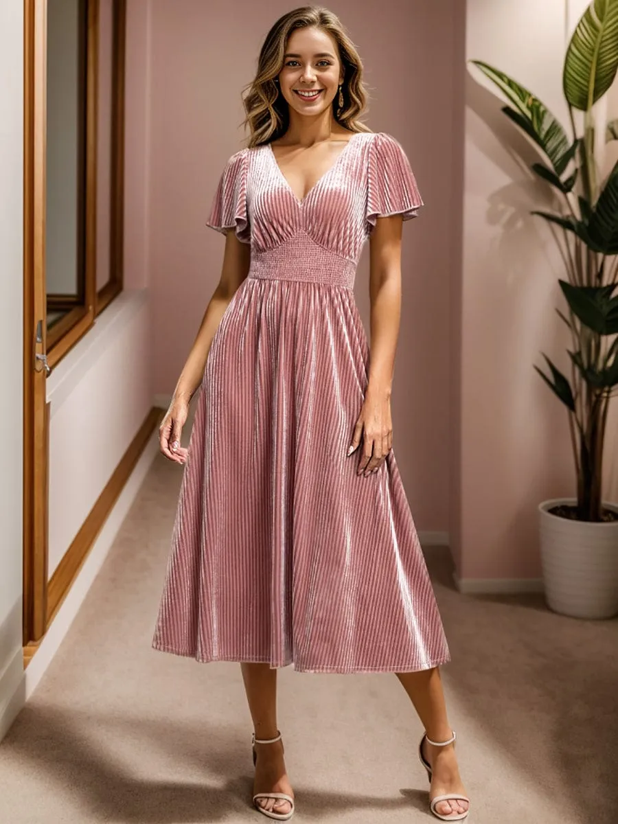 Graceful V-Neck Waist Design Short Sleeves Fall Velvet Midi Bridesmaid Dress