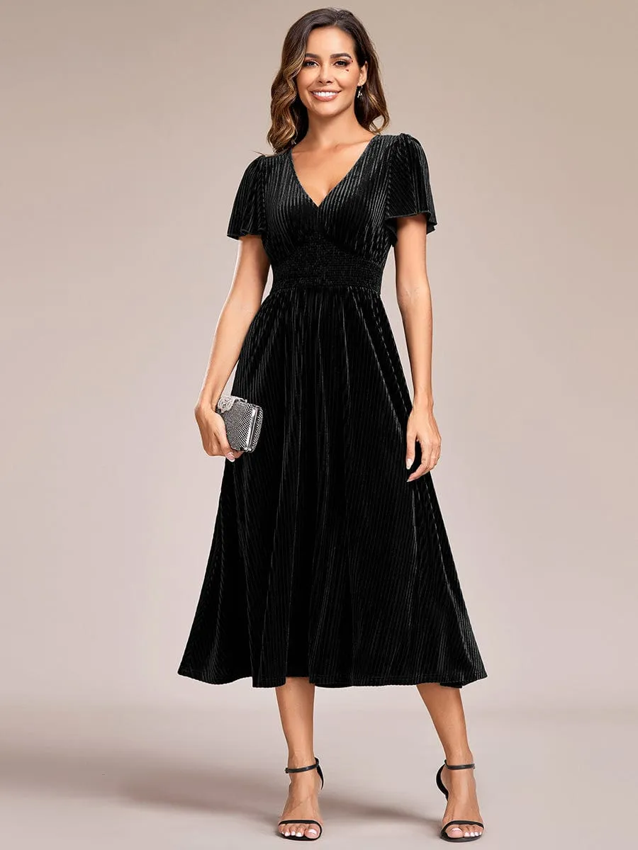 Graceful V-Neck Waist Design Short Sleeves Fall Velvet Midi Bridesmaid Dress