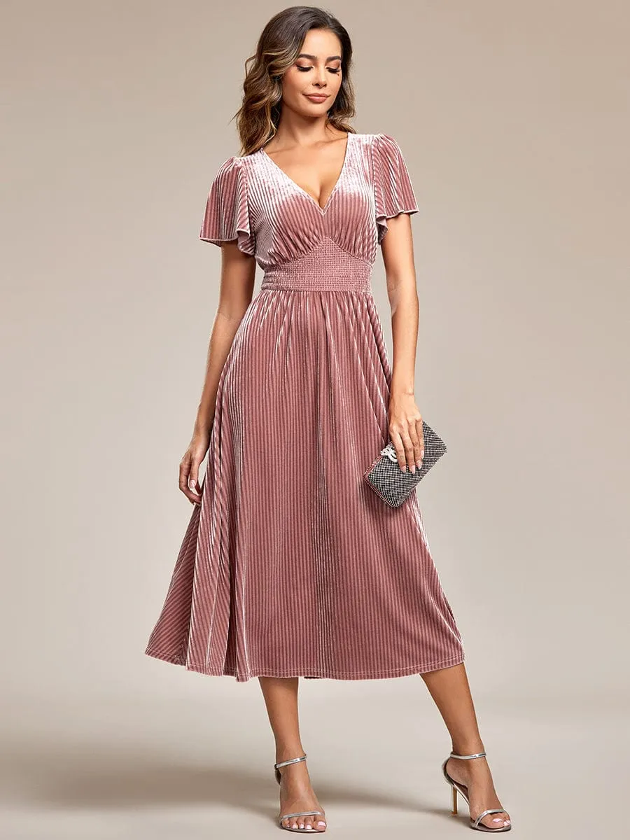 Graceful V-Neck Waist Design Short Sleeves Fall Velvet Midi Bridesmaid Dress