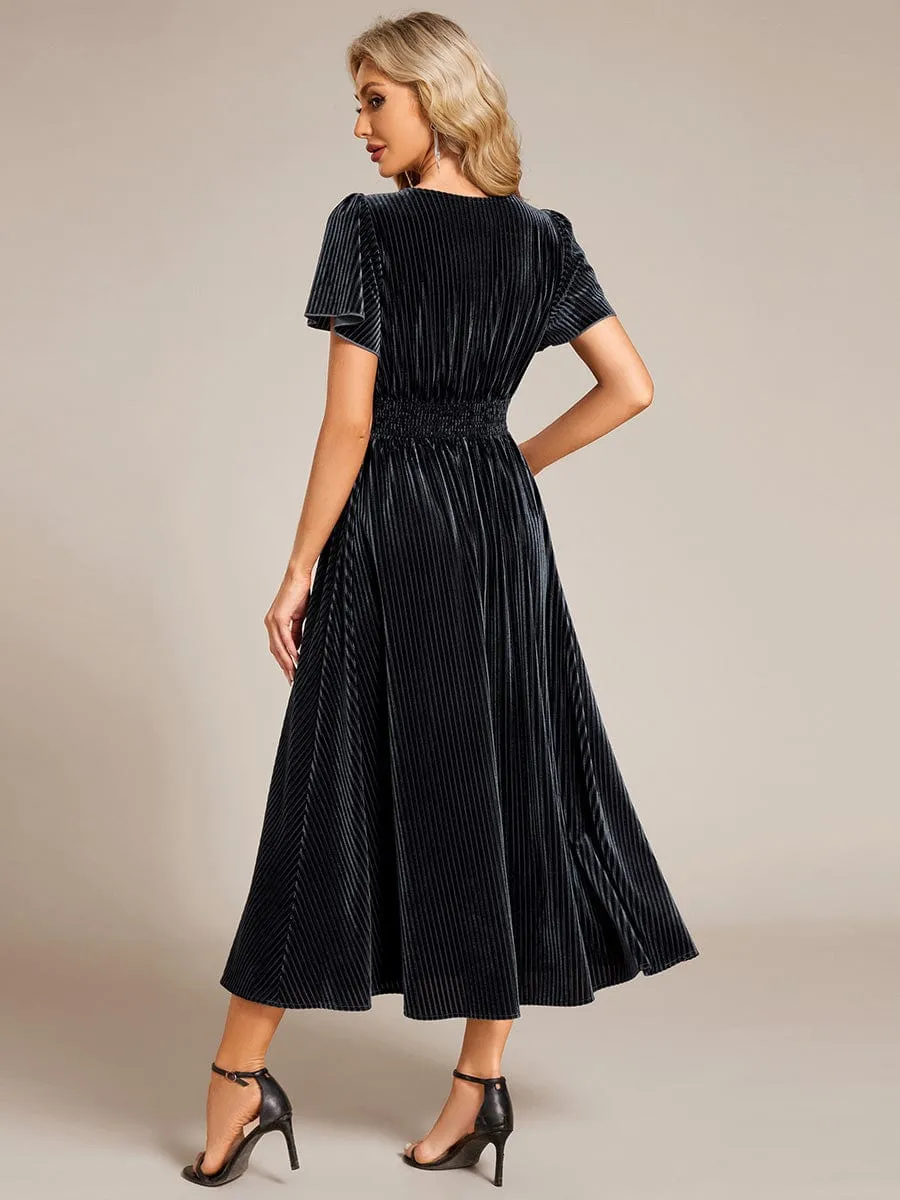 Graceful V-Neck Waist Design Short Sleeves Fall Velvet Midi Bridesmaid Dress