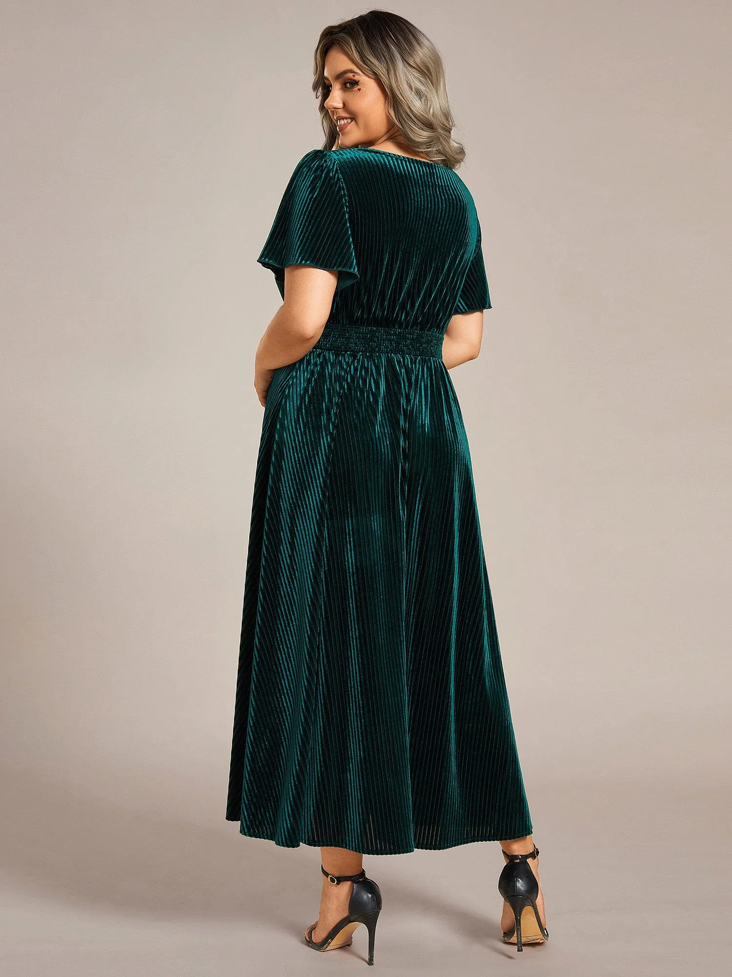 Graceful V-Neck Waist Design Short Sleeves Fall Velvet Midi Bridesmaid Dress