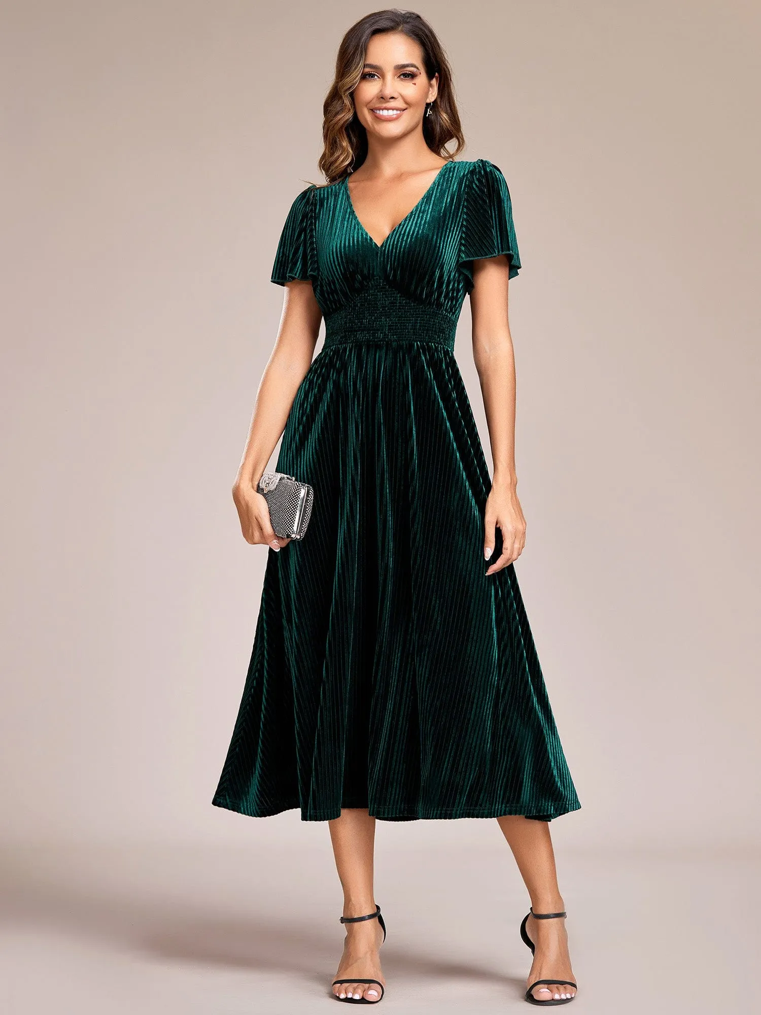 Graceful V-Neck Waist Design Short Sleeves Fall Velvet Midi Bridesmaid Dress