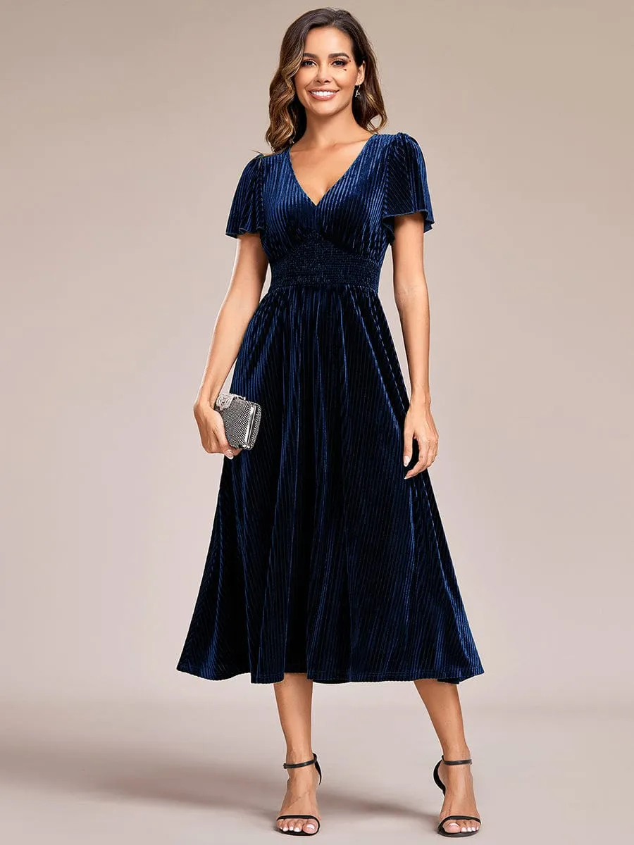 Graceful V-Neck Waist Design Short Sleeves Fall Velvet Midi Bridesmaid Dress