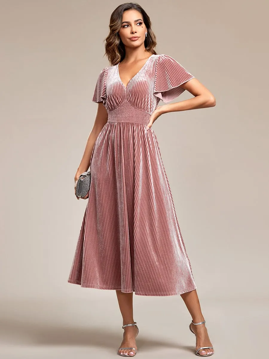 Graceful V-Neck Waist Design Short Sleeves Fall Velvet Midi Bridesmaid Dress