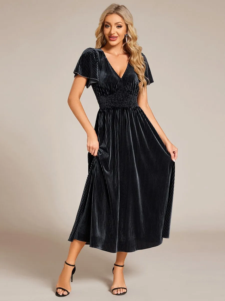 Graceful V-Neck Waist Design Short Sleeves Fall Velvet Midi Bridesmaid Dress