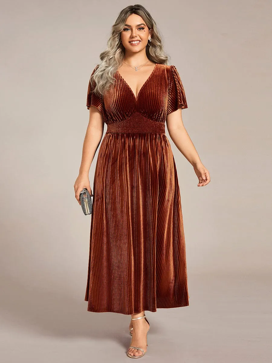 Graceful V-Neck Waist Design Short Sleeves Fall Velvet Midi Bridesmaid Dress