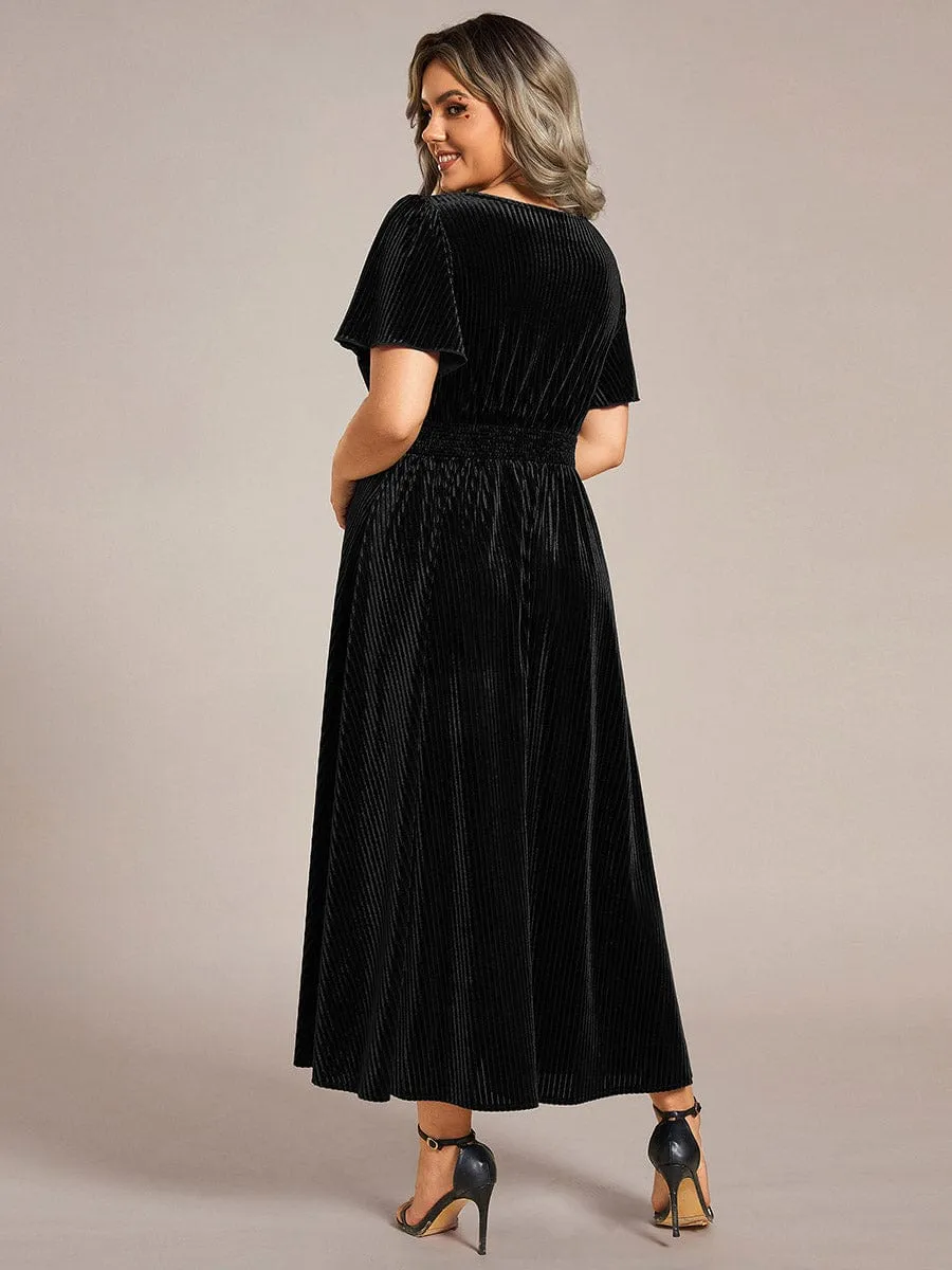 Graceful V-Neck Waist Design Short Sleeves Fall Velvet Midi Bridesmaid Dress