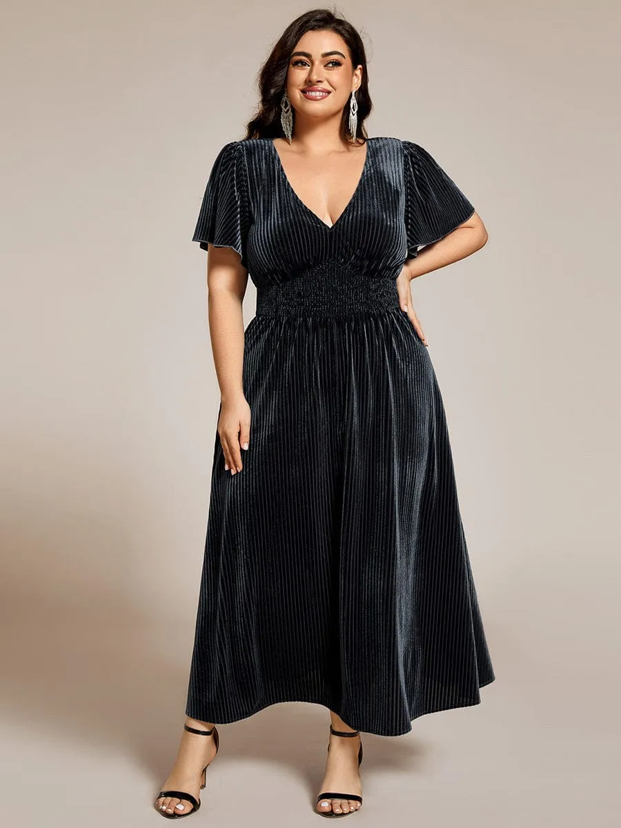 Graceful V-Neck Waist Design Short Sleeves Fall Velvet Midi Wedding Guest Dress