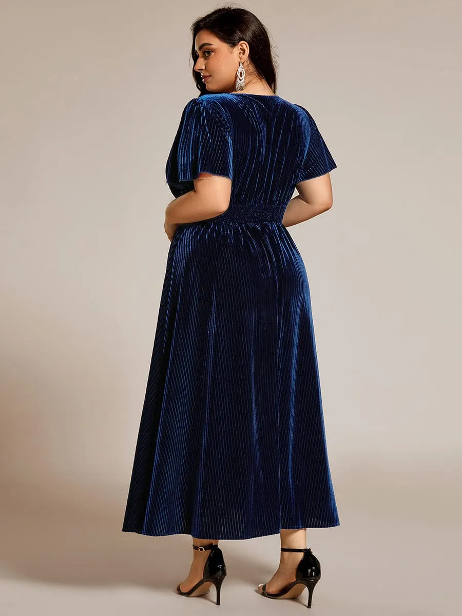 Graceful V-Neck Waist Design Short Sleeves Fall Velvet Midi Wedding Guest Dress