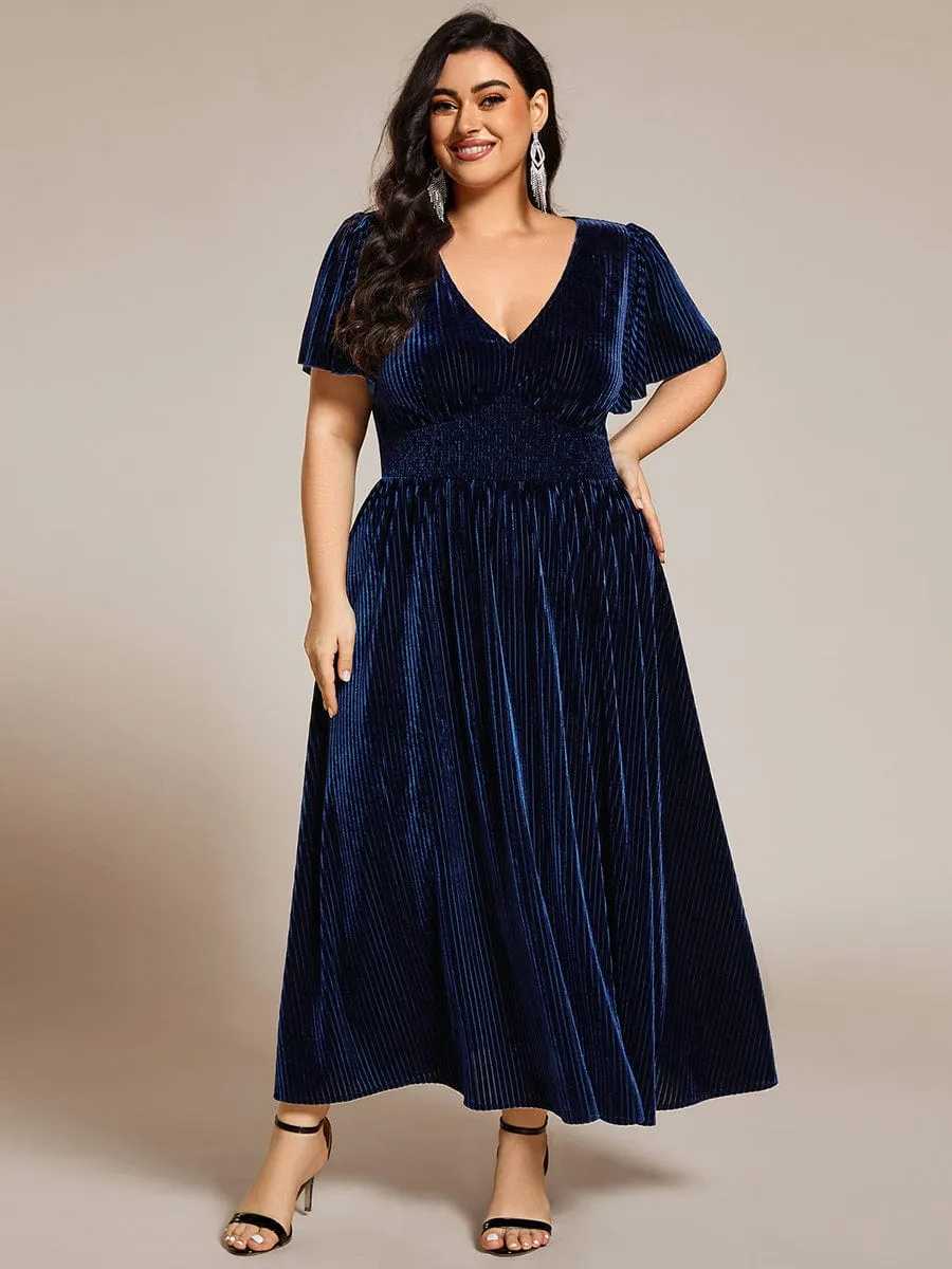 Graceful V-Neck Waist Design Short Sleeves Fall Velvet Midi Wedding Guest Dress