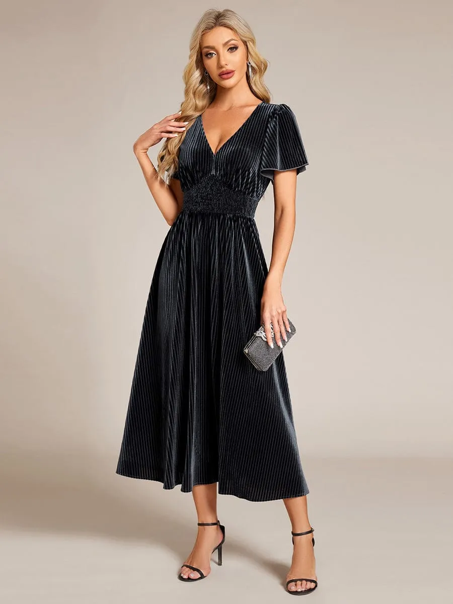 Graceful V-Neck Waist Design Short Sleeves Fall Velvet Midi Wedding Guest Dress