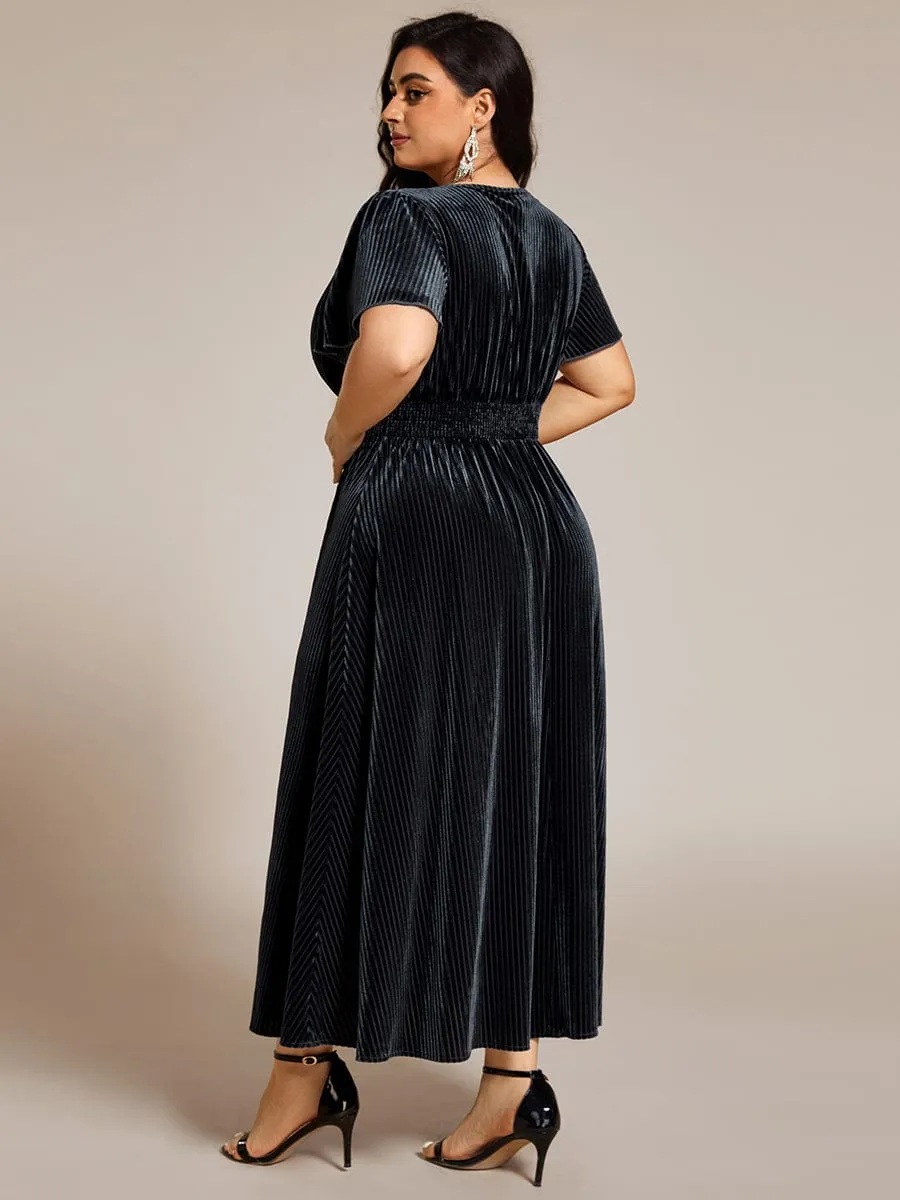 Graceful V-Neck Waist Design Short Sleeves Fall Velvet Midi Wedding Guest Dress