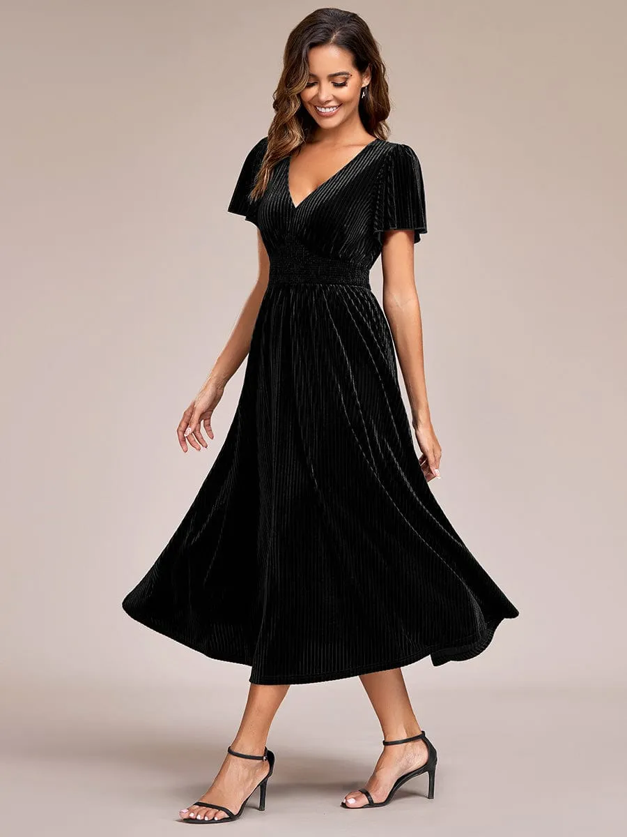 Graceful V-Neck Waist Design Short Sleeves Fall Velvet Midi Wedding Guest Dress