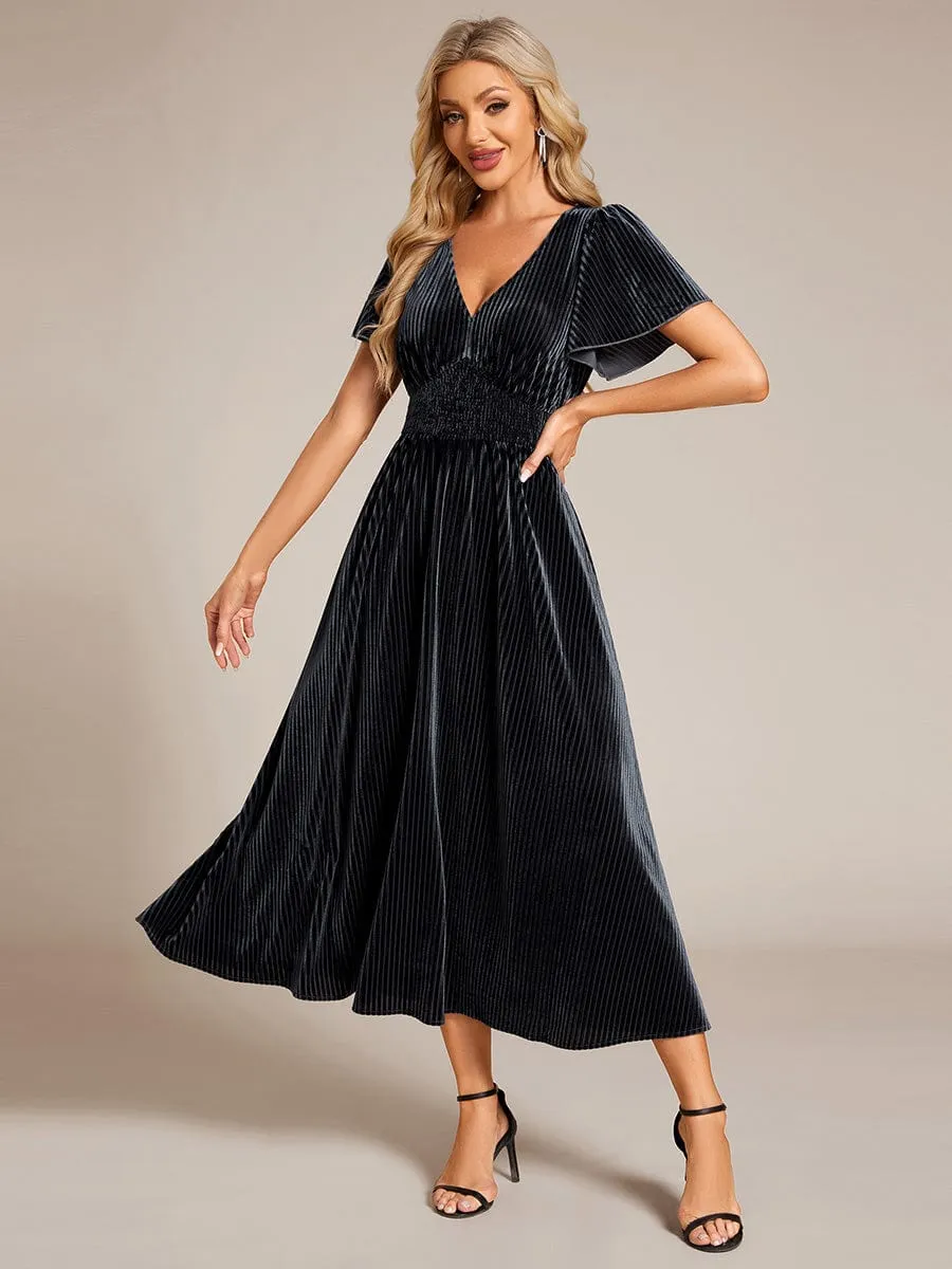 Graceful V-Neck Waist Design Short Sleeves Fall Velvet Midi Wedding Guest Dress