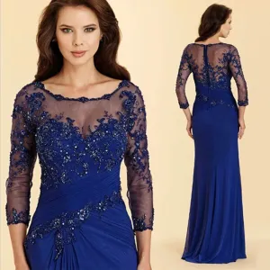 Graduation dress A-line Mother of the Bride Dresses 2022 Elegant Blue 3/4 Sleeve Scoop Neck Floor Length Lace Plus Size Wedding Guest Gowns