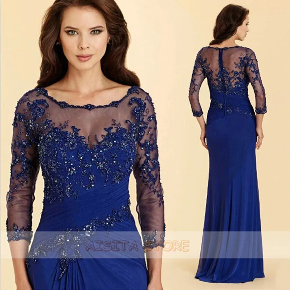 Graduation dress A-line Mother of the Bride Dresses 2022 Elegant Blue 3/4 Sleeve Scoop Neck Floor Length Lace Plus Size Wedding Guest Gowns