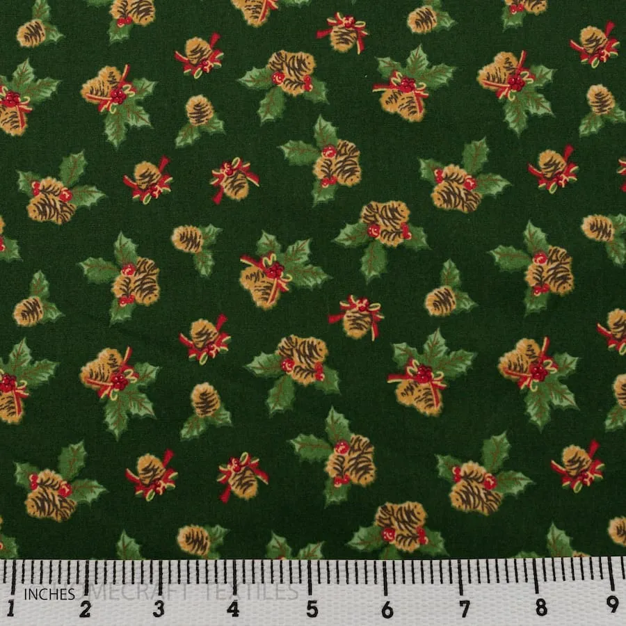 Green Festive Pinecones Cotton Print