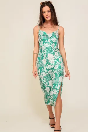 Green/Cream Satin Floral Print Maxi Dress With Front Slit