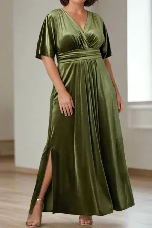 Half Sleeves Floor Length  A Line V-Neck Velvet Mother of The Bride Dresses