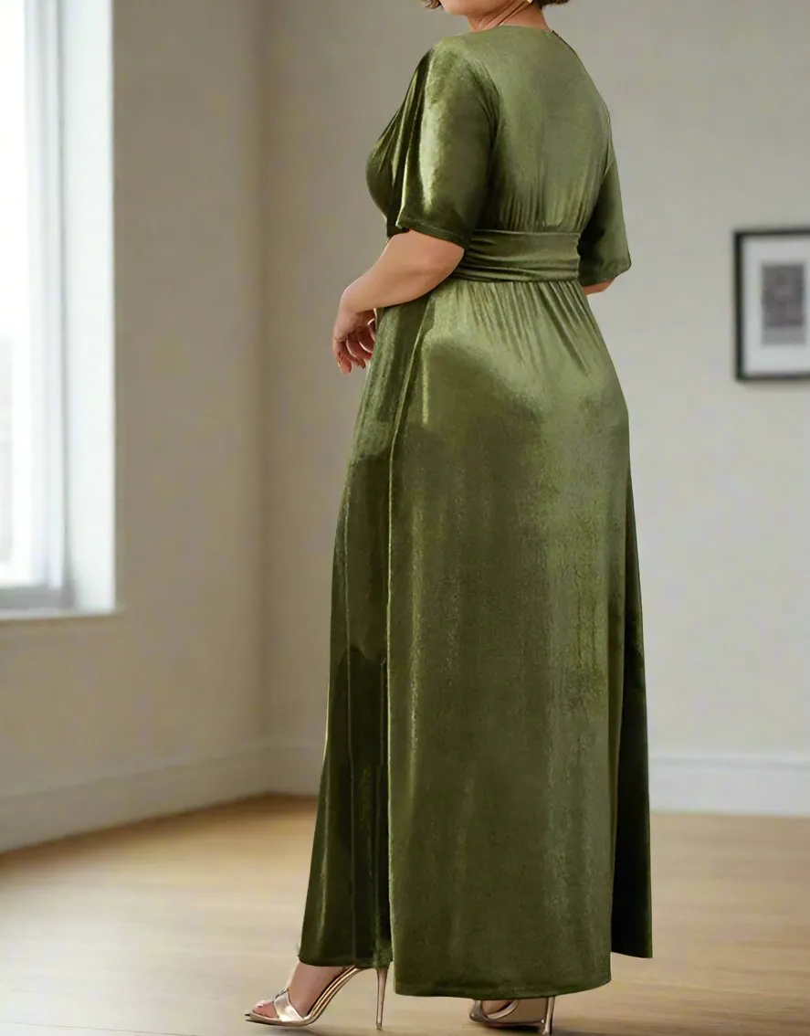 Half Sleeves Floor Length  A Line V-Neck Velvet Mother of The Bride Dresses