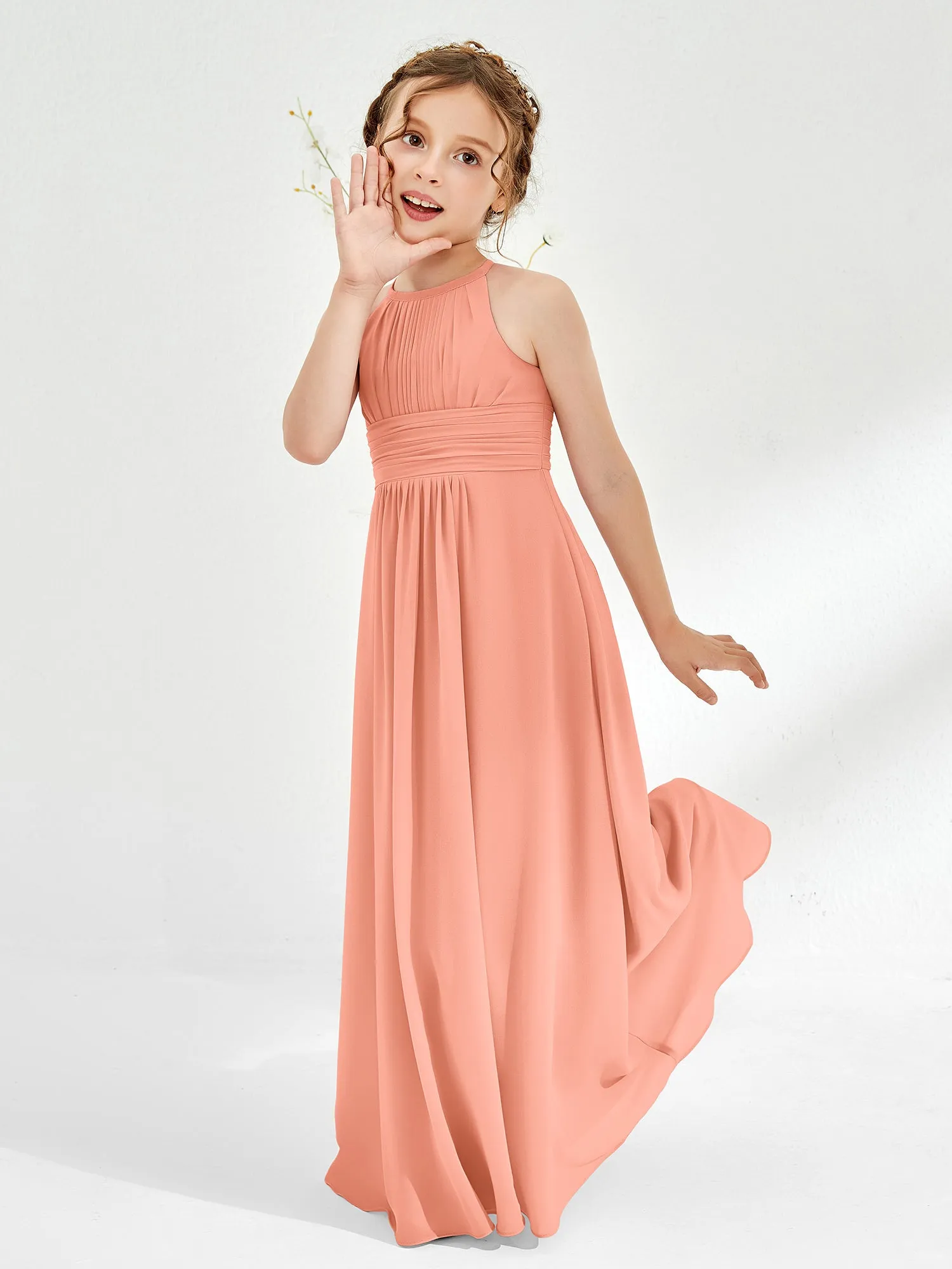 Halter Chiffon Junior Bridesmaid Dresses Papaya