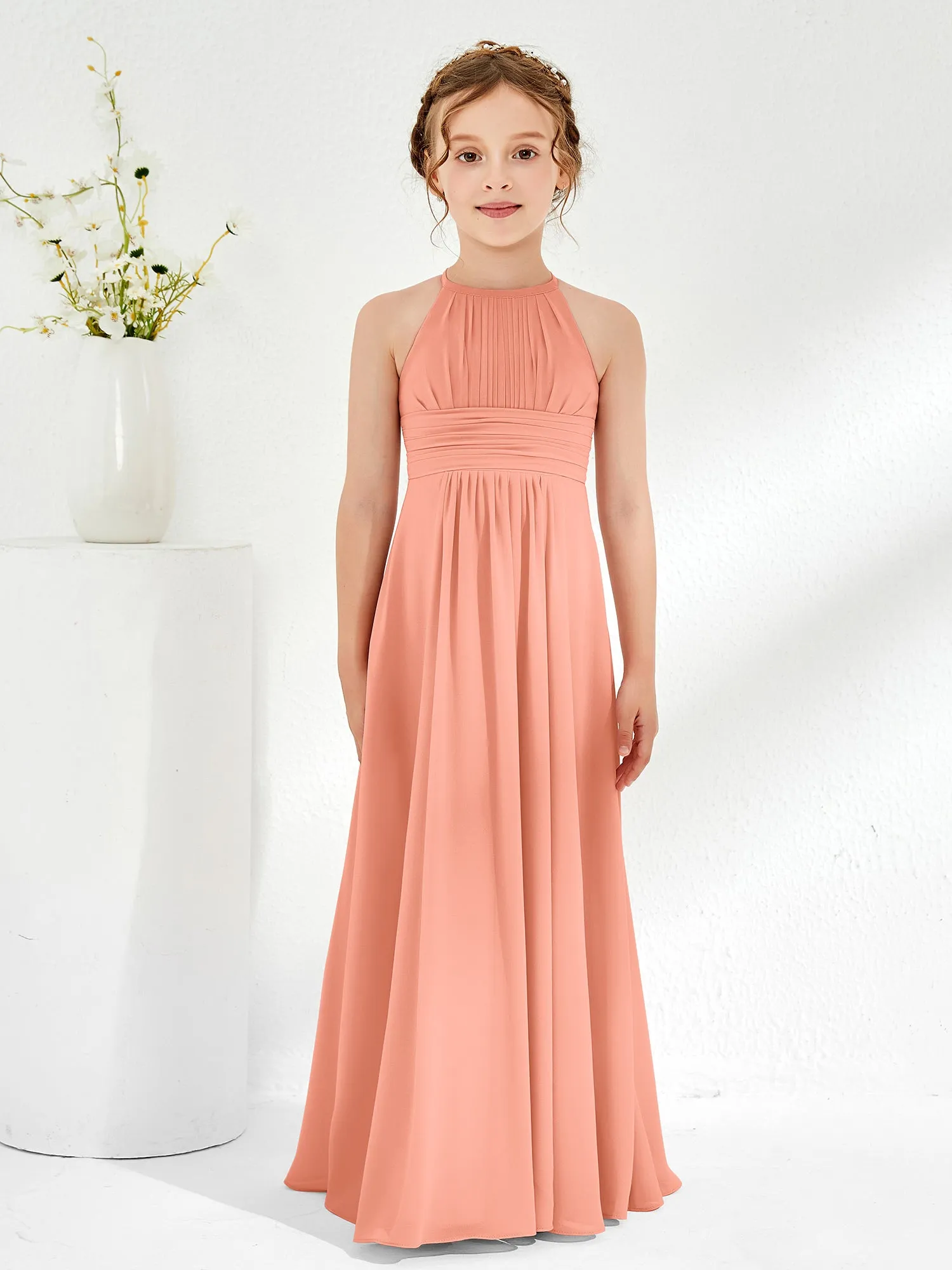 Halter Chiffon Junior Bridesmaid Dresses Papaya