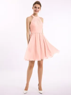 Halter Chiffon Short Bridesmaid Dresses-Coral