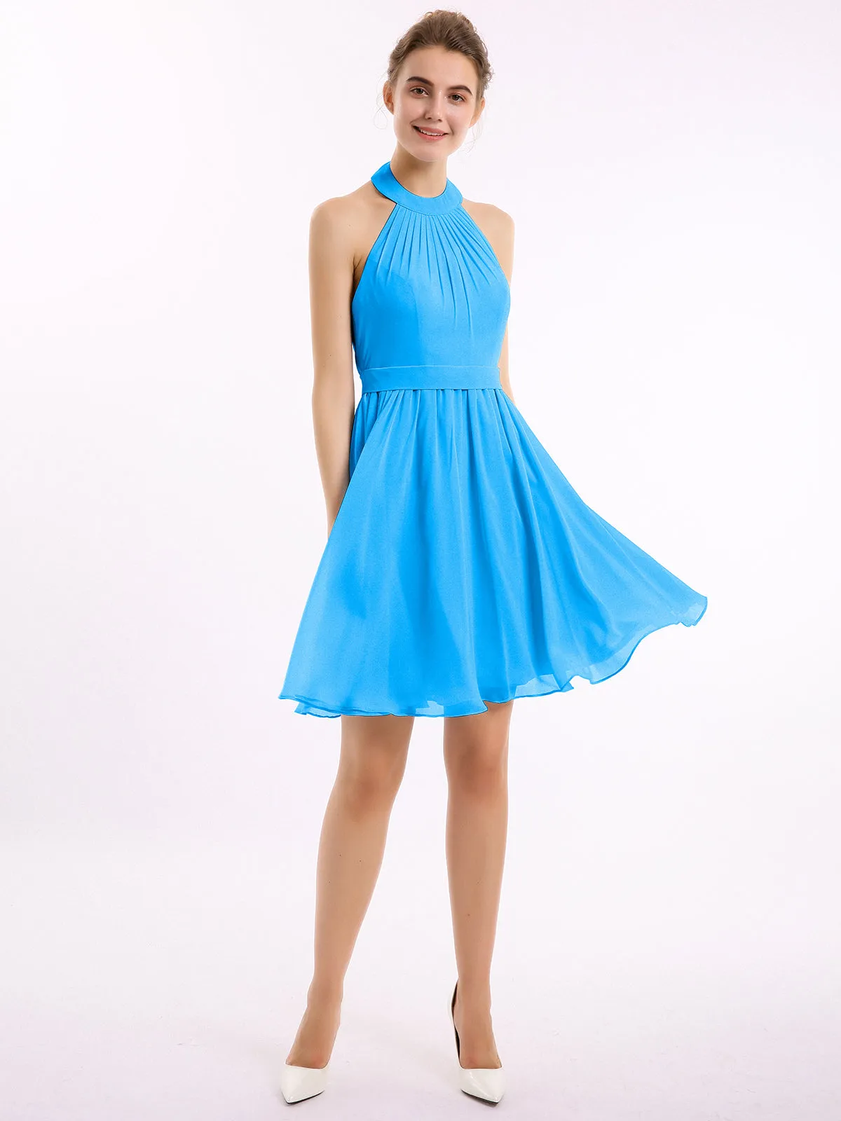 Halter Chiffon Short Bridesmaid Dresses-Ocean Blue