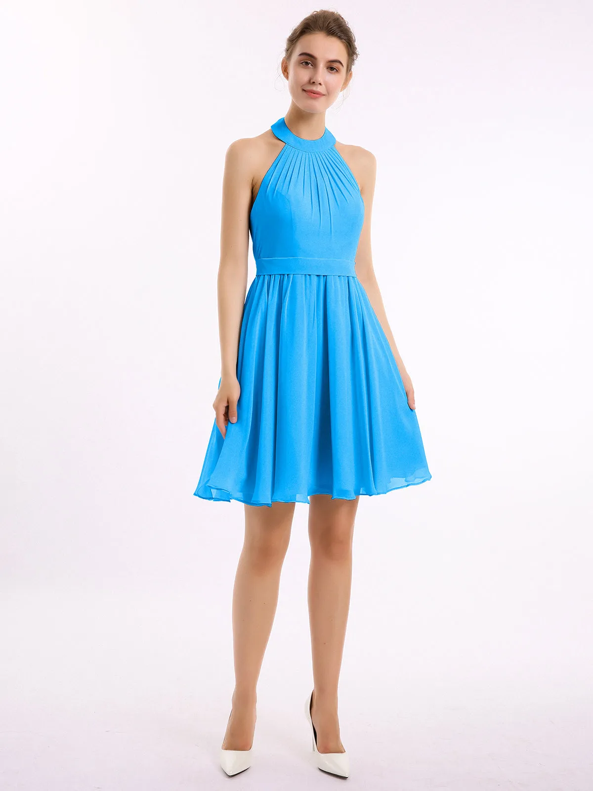 Halter Chiffon Short Bridesmaid Dresses-Ocean Blue