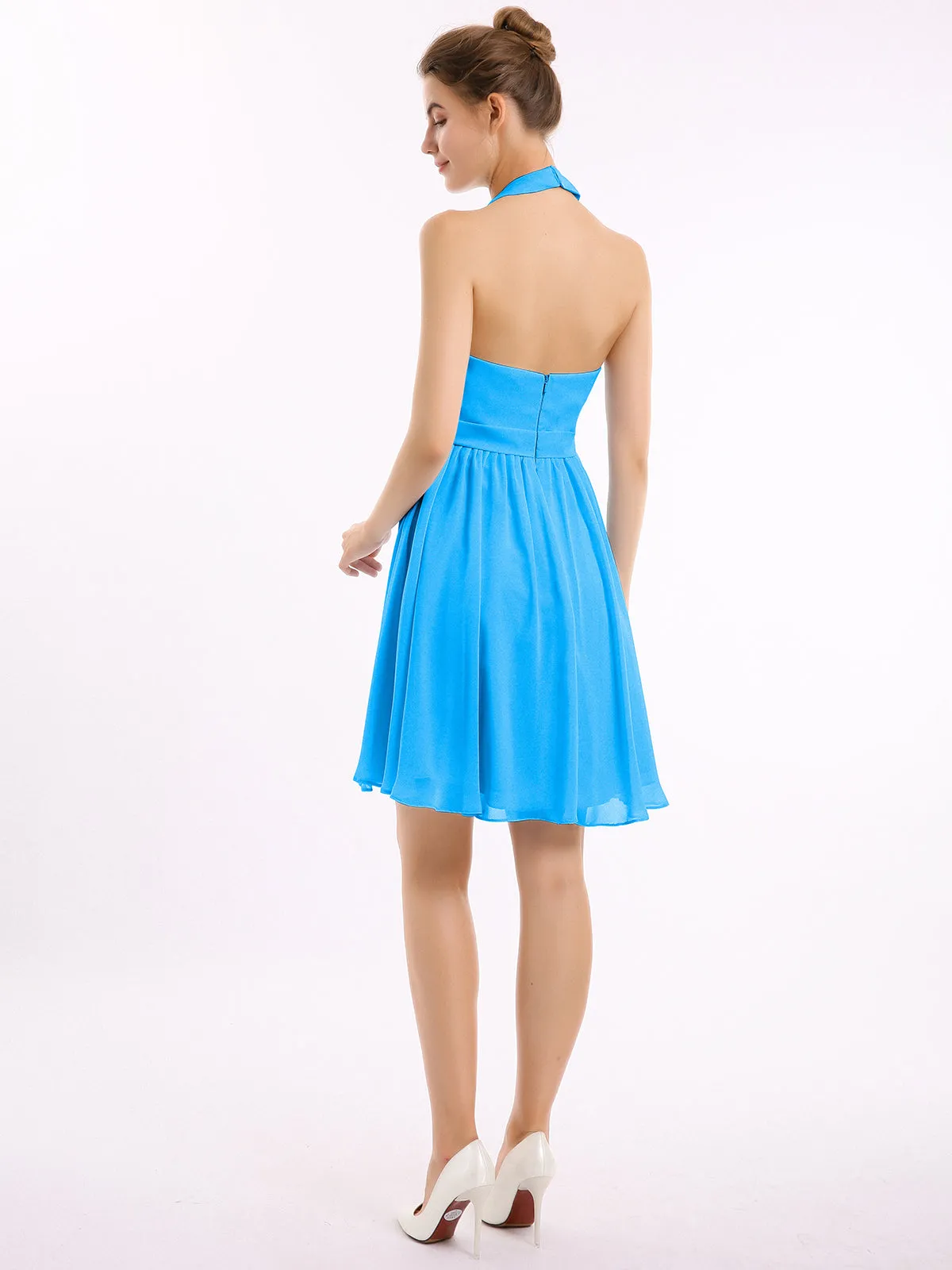 Halter Chiffon Short Bridesmaid Dresses-Ocean Blue