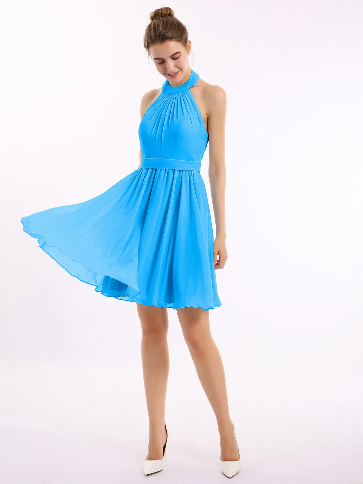 Halter Chiffon Short Bridesmaid Dresses-Ocean Blue