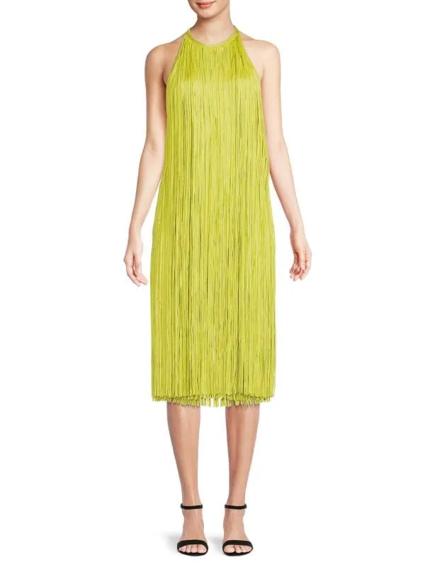 Hervé Léger fringed halter midi dress, chartreuse