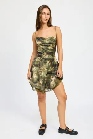 Hot Girl Camo Chic Floral Lace Hem Mini Dress In Olive