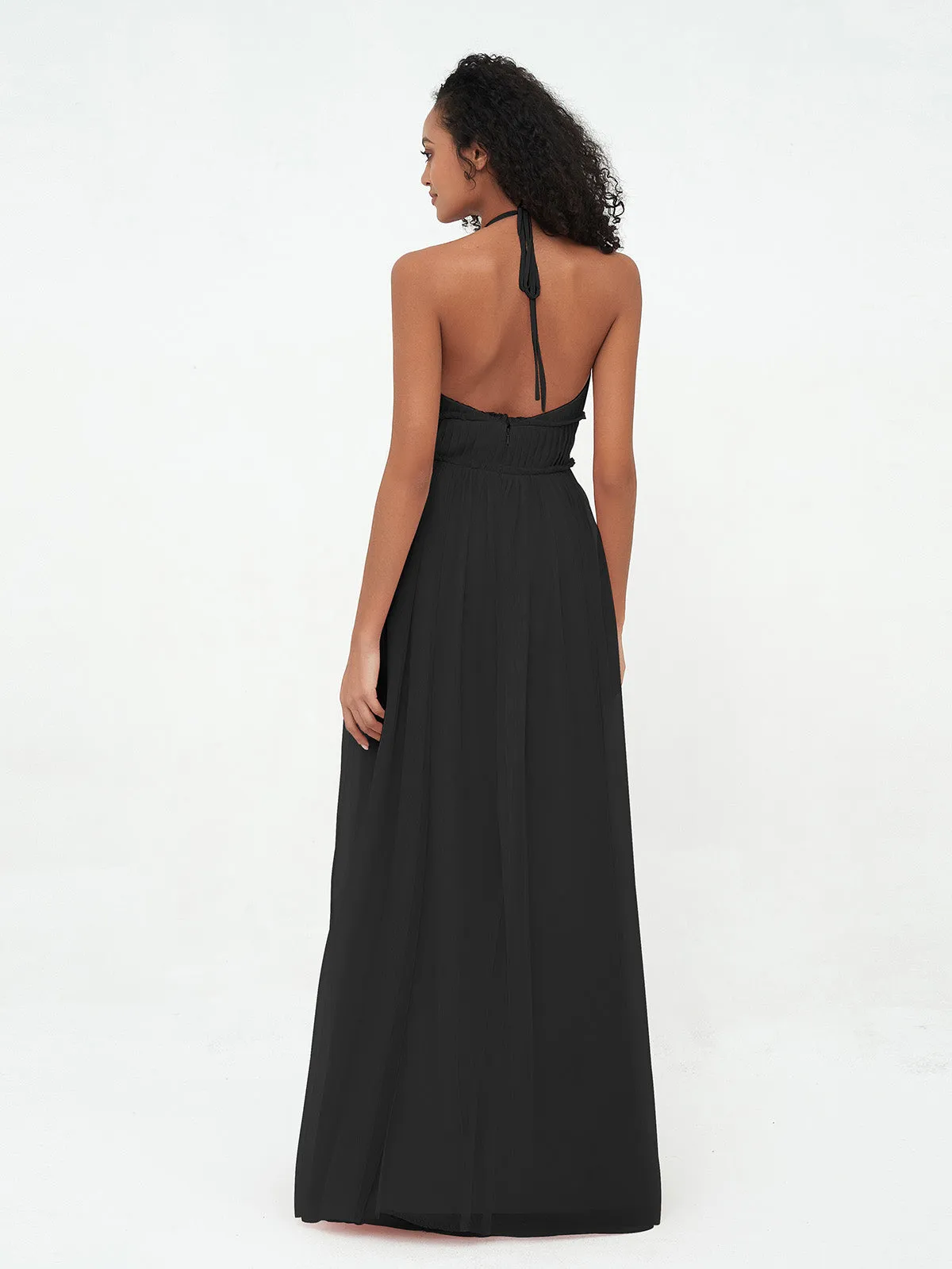 Illusion Halter Tulle Maxi Boho Dresses-Black